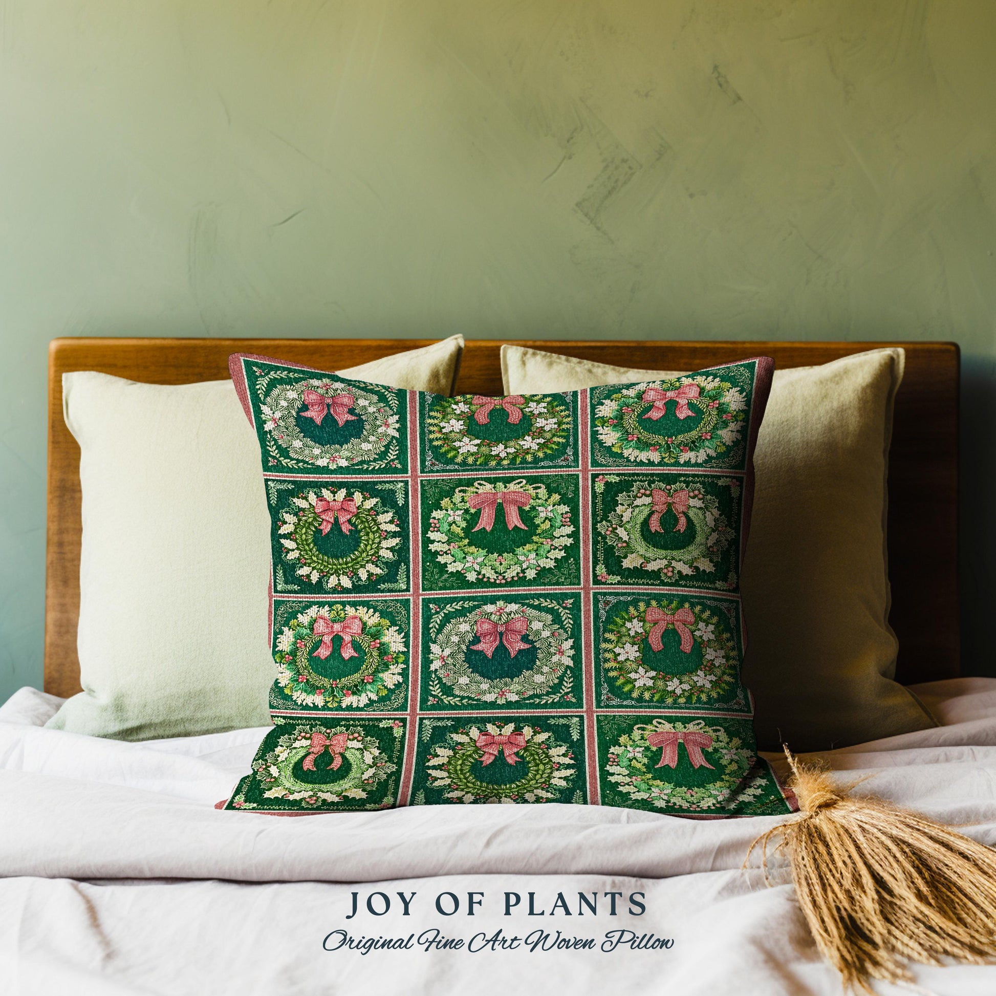 Rustic Green Checkered Pillow Christmas Wreath Woven Farmhouse Holiday Decor, Vintage Aesthetic Woodland Cottagecore Winter Tapestry Cushion