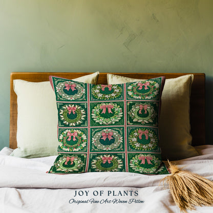 Rustic Green Checkered Pillow Christmas Wreath Woven Farmhouse Holiday Decor, Vintage Aesthetic Woodland Cottagecore Winter Tapestry Cushion