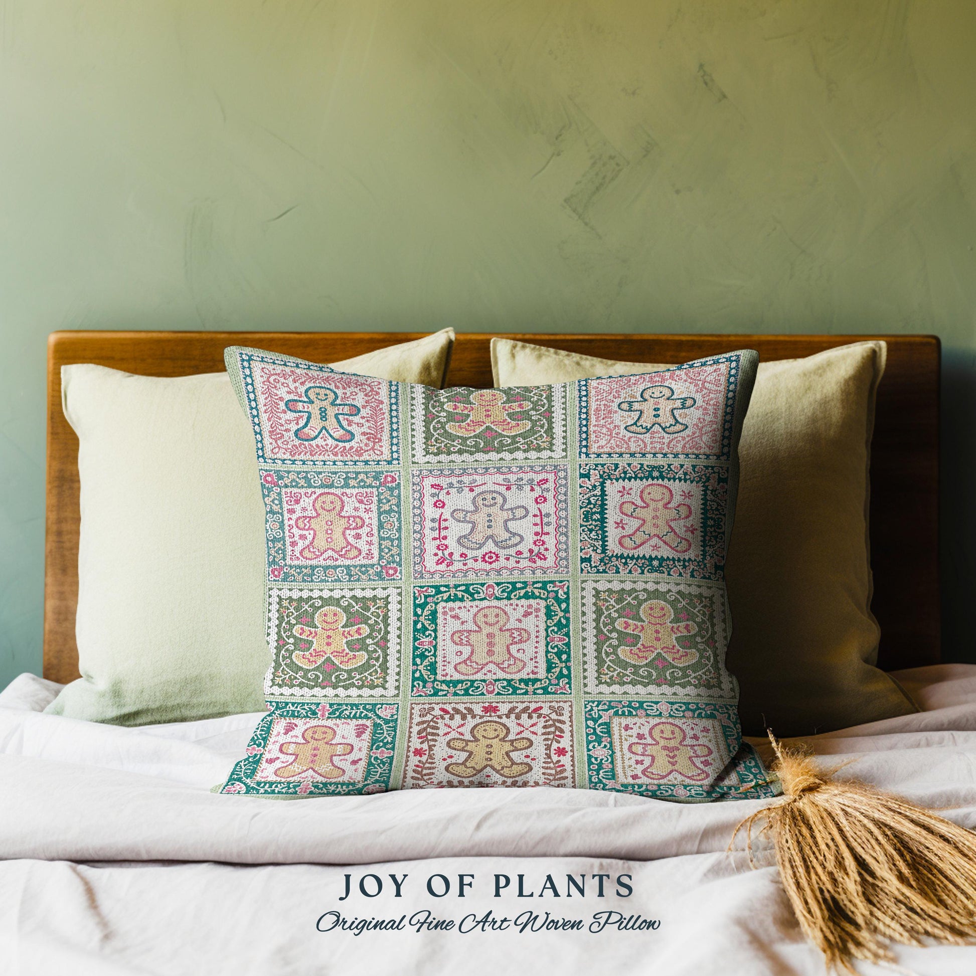 Colorful Scandinavian Gingerbread Pillow Whimsical Boho Cottagecore Decor | Playful Farmhouse Holiday Tapestry Cushion Cozy Retro Christmas