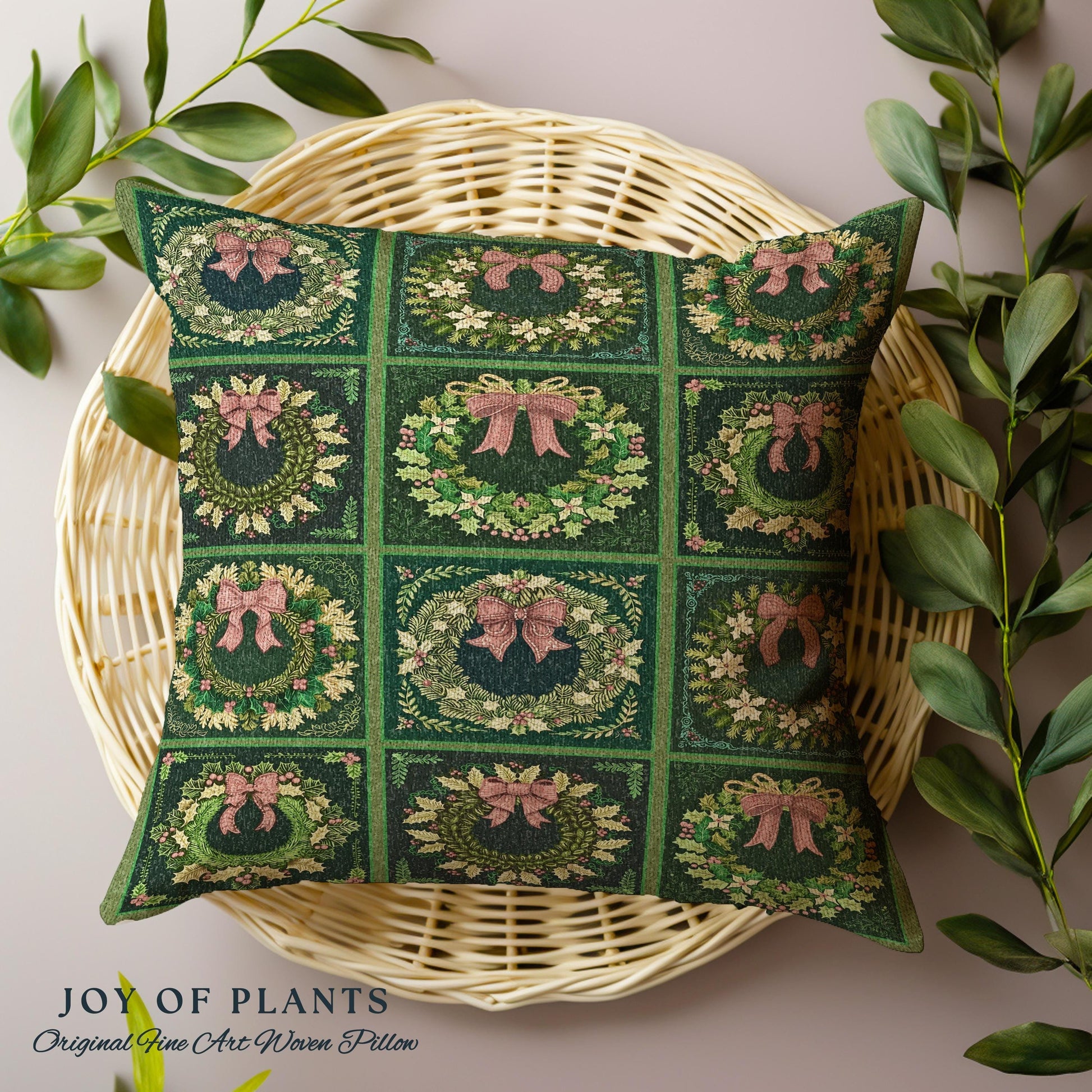 Vintage Christmas Wreath Green Holiday Throw Pillow Rustic Farmhouse Woven Cushion | Cozy Festive Art Decor Boho Cottagecore Aesthetic Gift