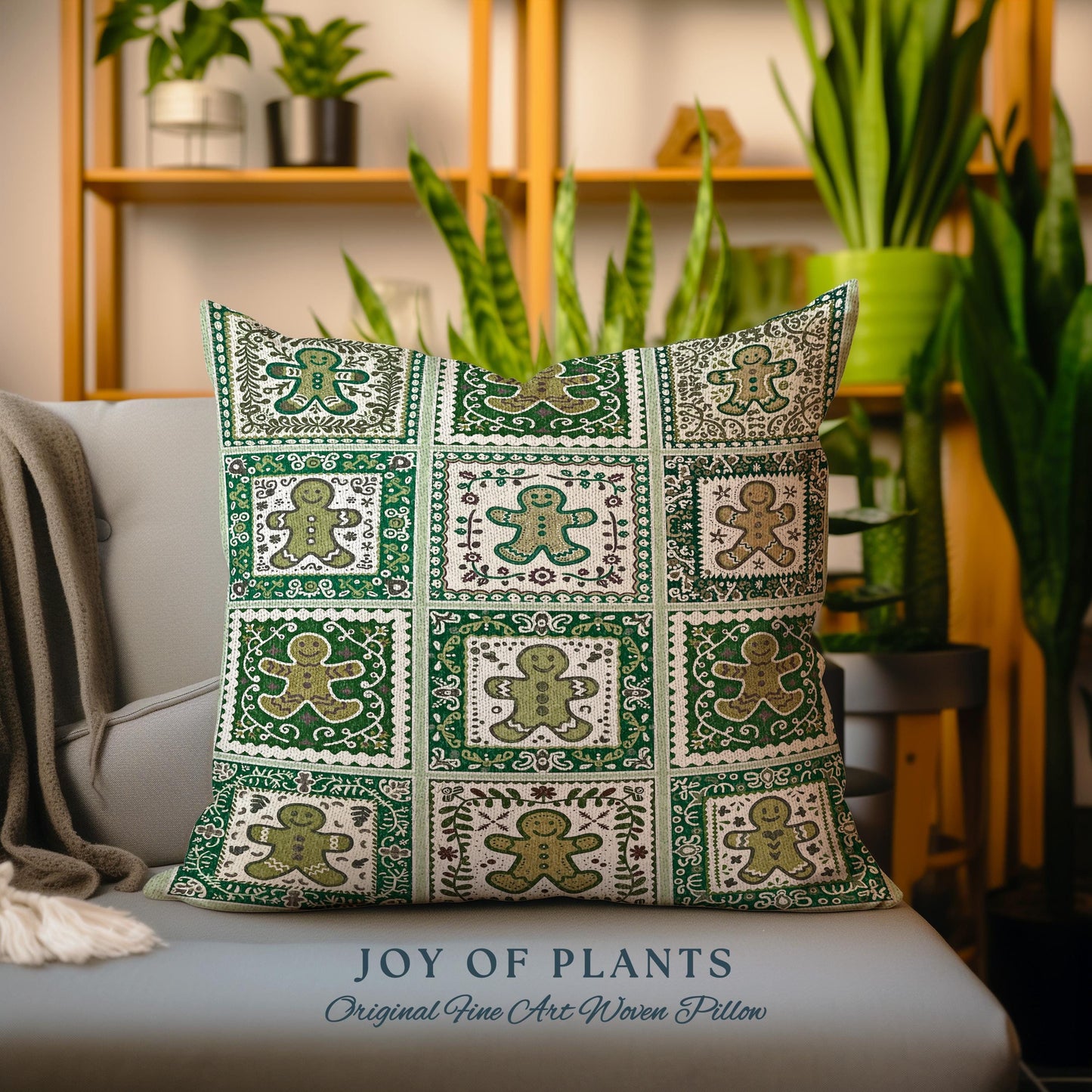 Vintage Folk Art Gingerbread Pillow Retro Forest Green Hygge Holiday Decor | Nordic Cottage Home Scandi Sage Green Festive Tapestry Cushion