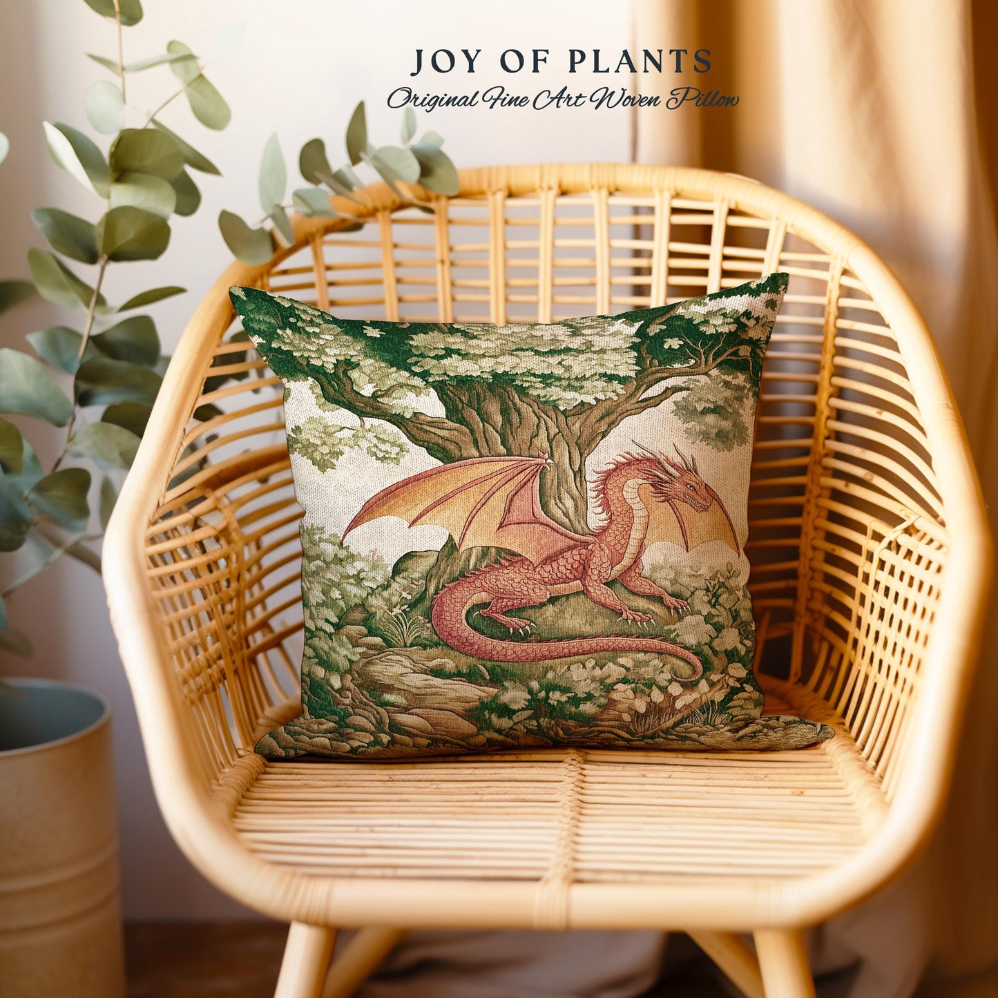 Whimsical Red Dragon Pillow Antique Forest Scene Tapestry Cushion | Light Academia Aesthetic Medieval Inspired Mystical Fantasy Home Decor