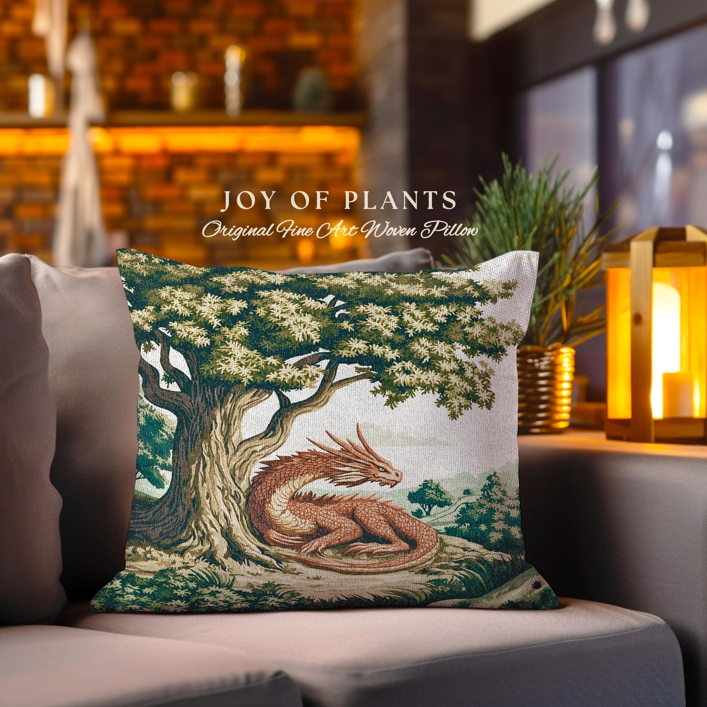 Antique Aesthetic Dragon Pillow Rustic Woodland Decor Tapestry Cushion | Whimsical Fantasy Medieval Art Forestcore Woven Cozy Home Accent