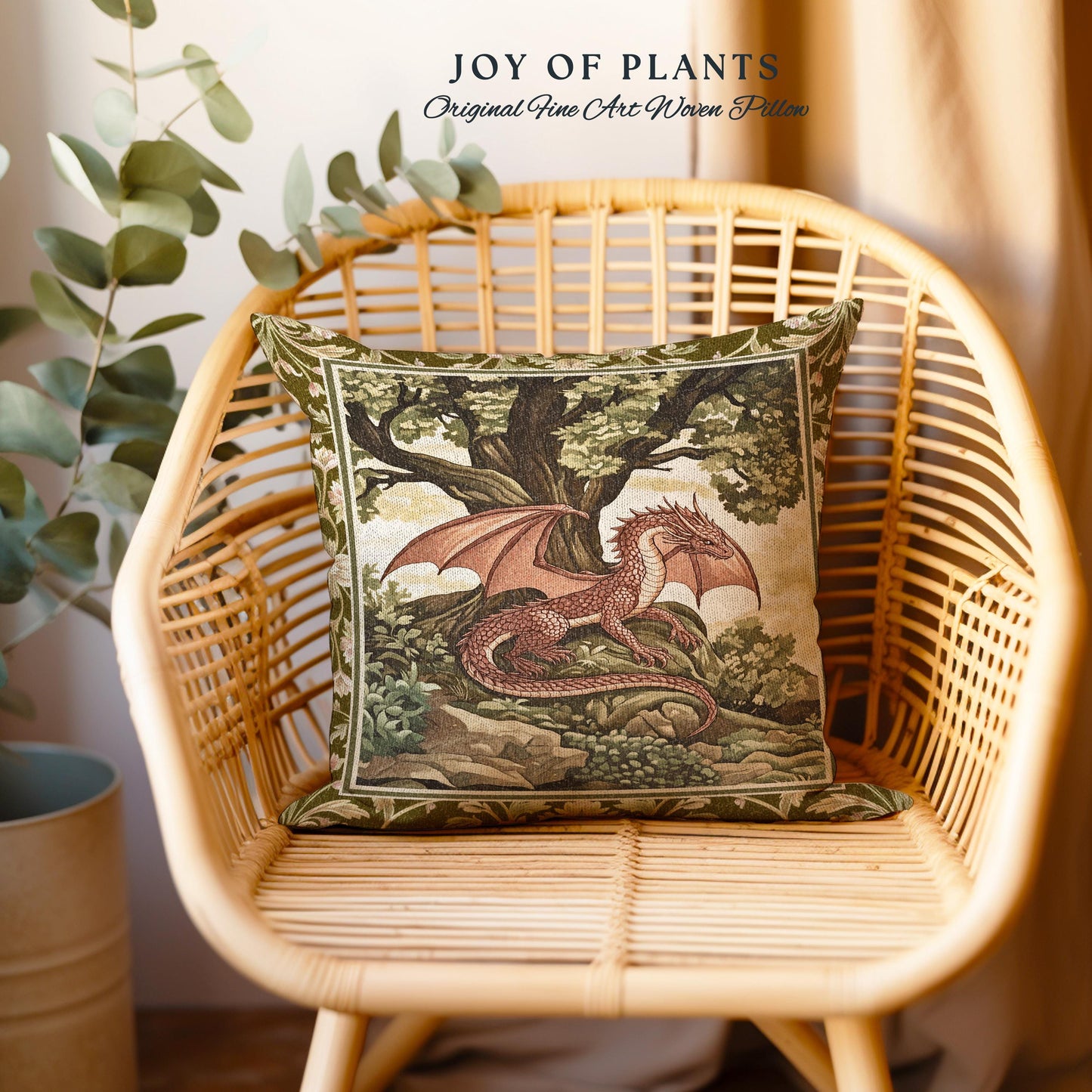 Whimsical Victorian Gothic Red Dragon Pillow Antique Forest Scene Tapestry Cushion | Medieval Inspired Light Academia Mystical Fantasy Decor