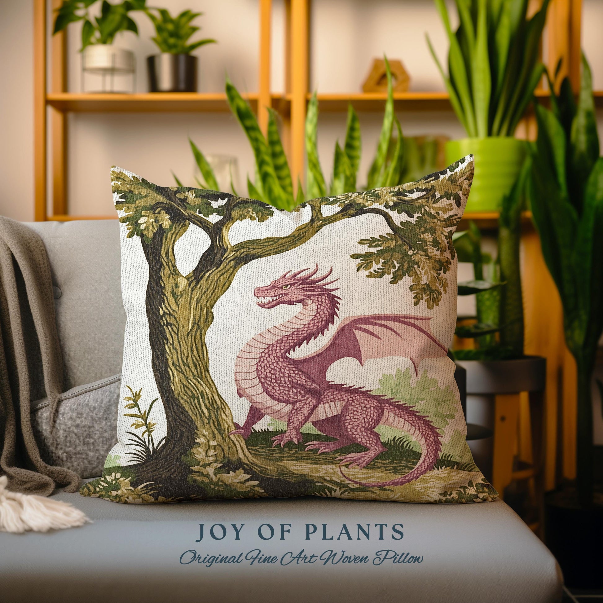 Pastoral Dragon Pillow Light Academia Inspired Woodland Tapestry Cushion | Rustic Folklore Home Decor Cozy Forestcore Medieval Aesthetic Art