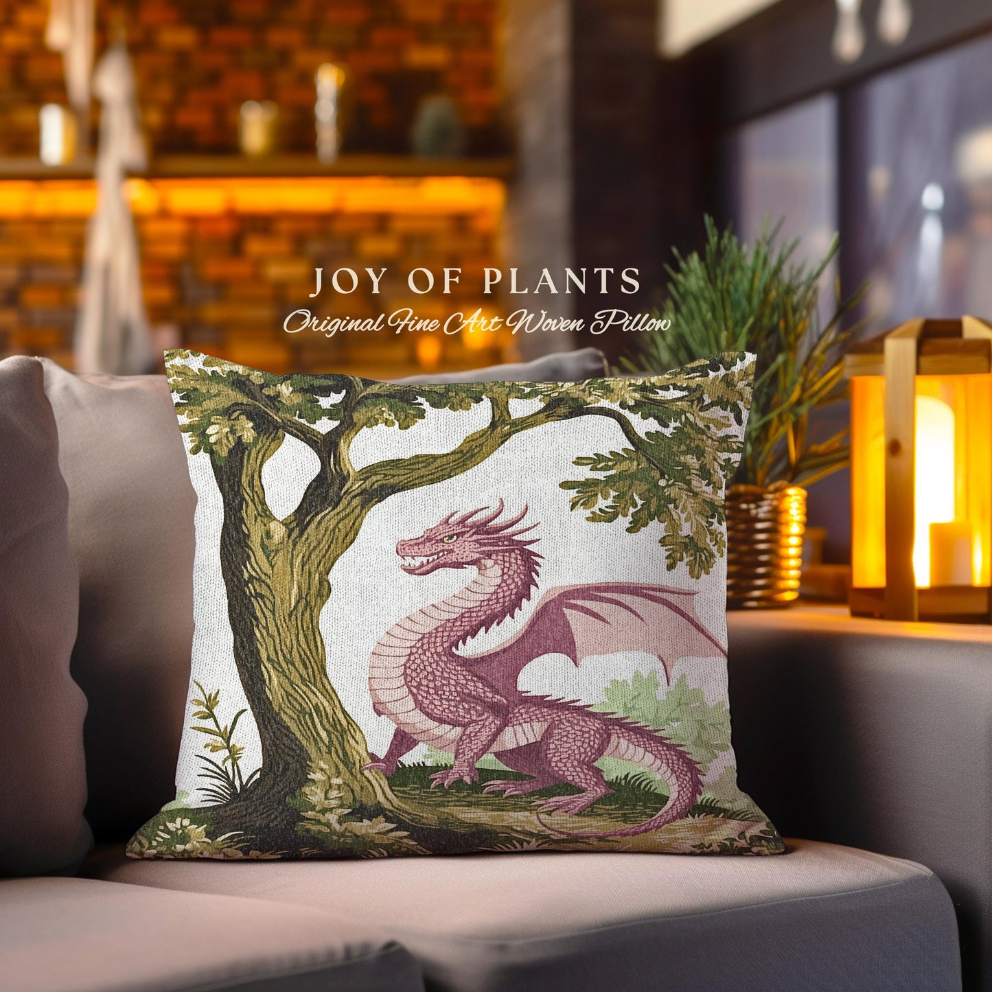 Pastoral Dragon Pillow Light Academia Inspired Woodland Tapestry Cushion | Rustic Folklore Home Decor Cozy Forestcore Medieval Aesthetic Art