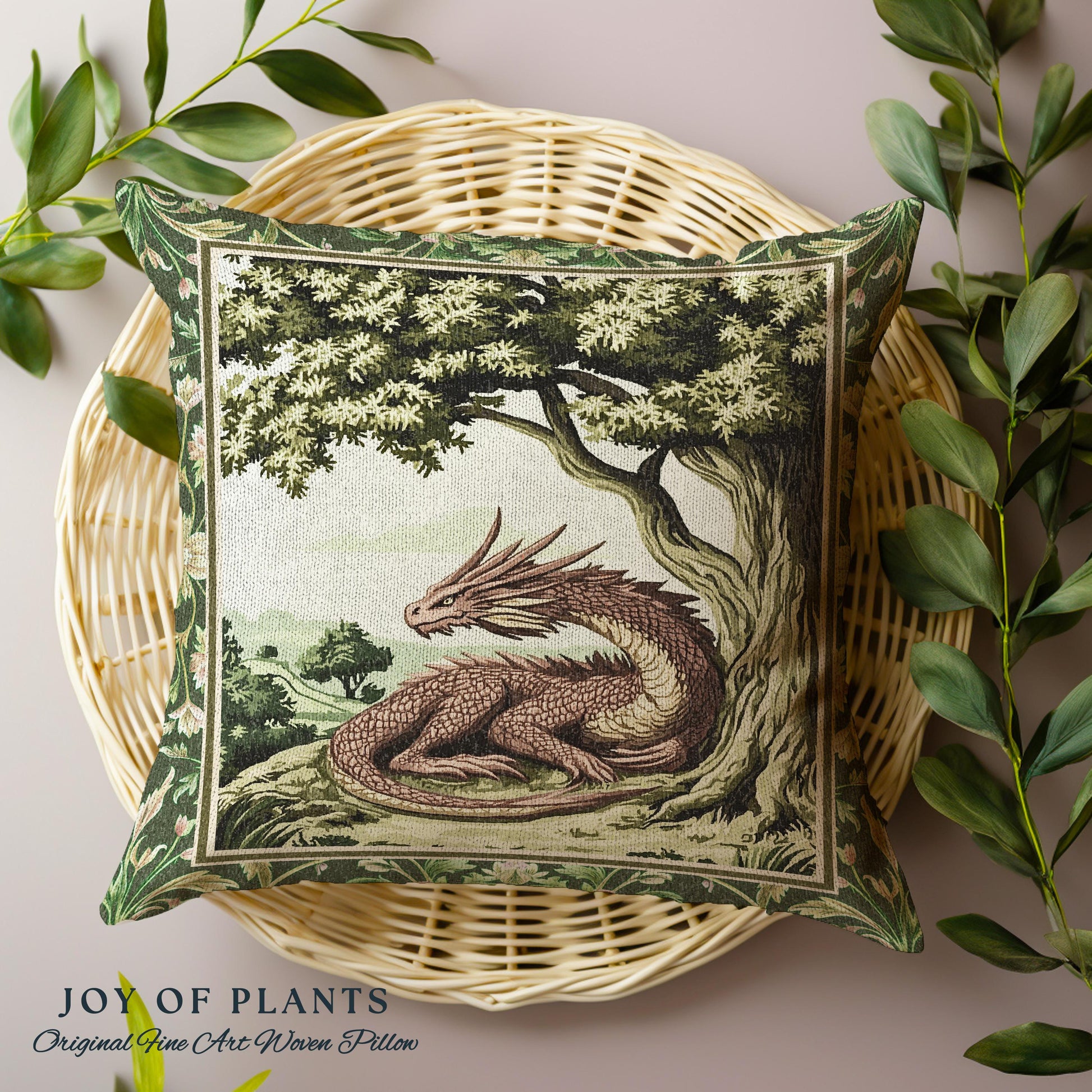 Woodland Dragon Pillow Enchanted Forest Tree Folklore Tapestry Cushion | Mystical Medieval Aesthetic Sage Green Accent Rustic Fantasy Home