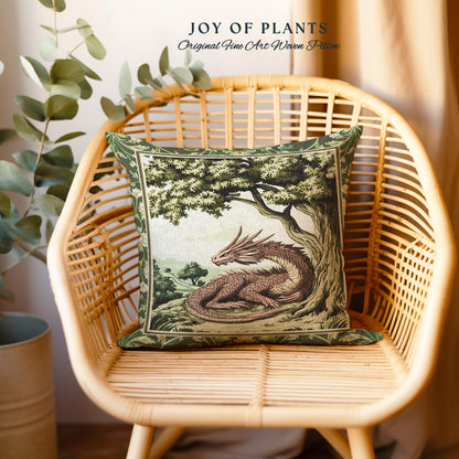 Woodland Dragon Pillow Enchanted Forest Tree Folklore Tapestry Cushion | Mystical Medieval Aesthetic Sage Green Accent Rustic Fantasy Home