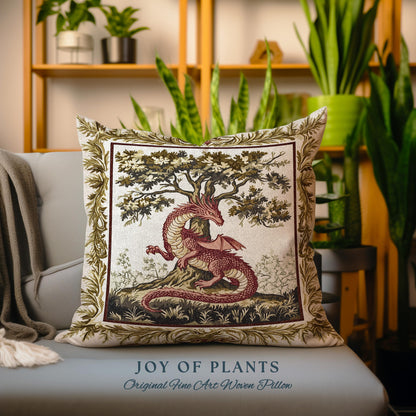 Light Academia Dragon Pillow Whimsical Woodland Goblincore Tapestry Cushion | Magical Mythical Creature Decor Cozy Rustic Whimsigothic Home