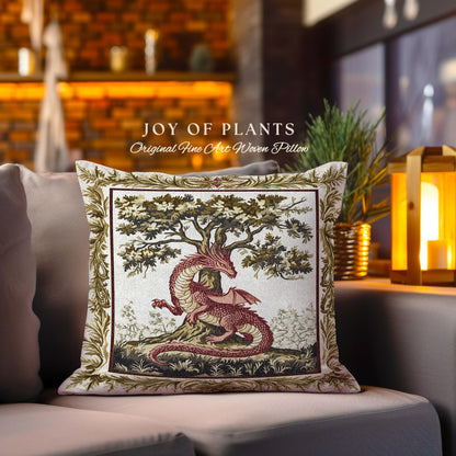 Light Academia Dragon Pillow Whimsical Woodland Goblincore Tapestry Cushion | Magical Mythical Creature Decor Cozy Rustic Whimsigothic Home