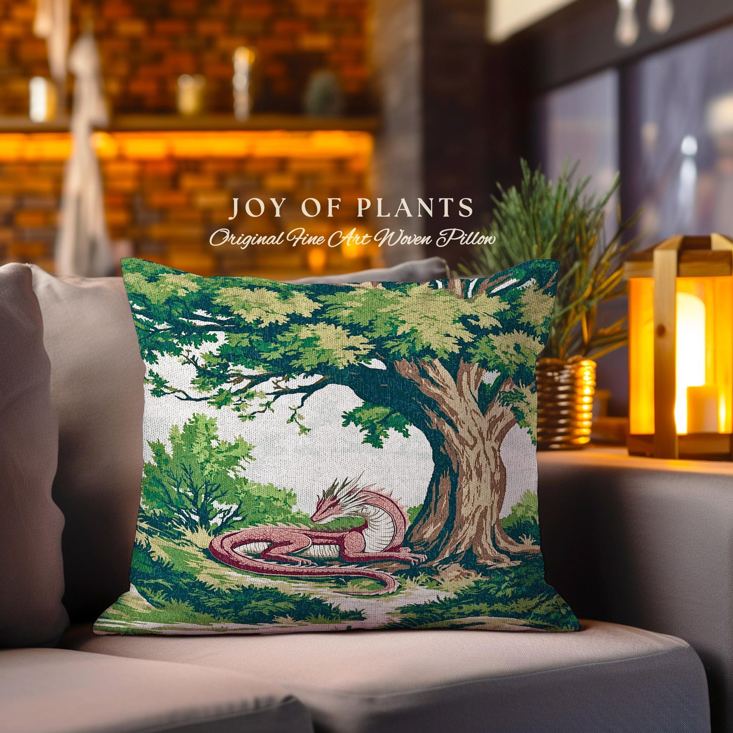 Enchanted Red Dragon Pillow Mystical Forest Scene Tapestry Cushion | Fantasy Medieval Decor Cozy Home Accent Woodland Gothic Light Academia