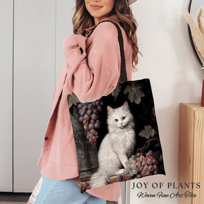 Dark Botanical Cat Tote Bag Woven | William Morris Inspired Tote Bag Aesthetic Tapestry Tote Woven Victorian Gothic Fairy Core Cat Tote Bag