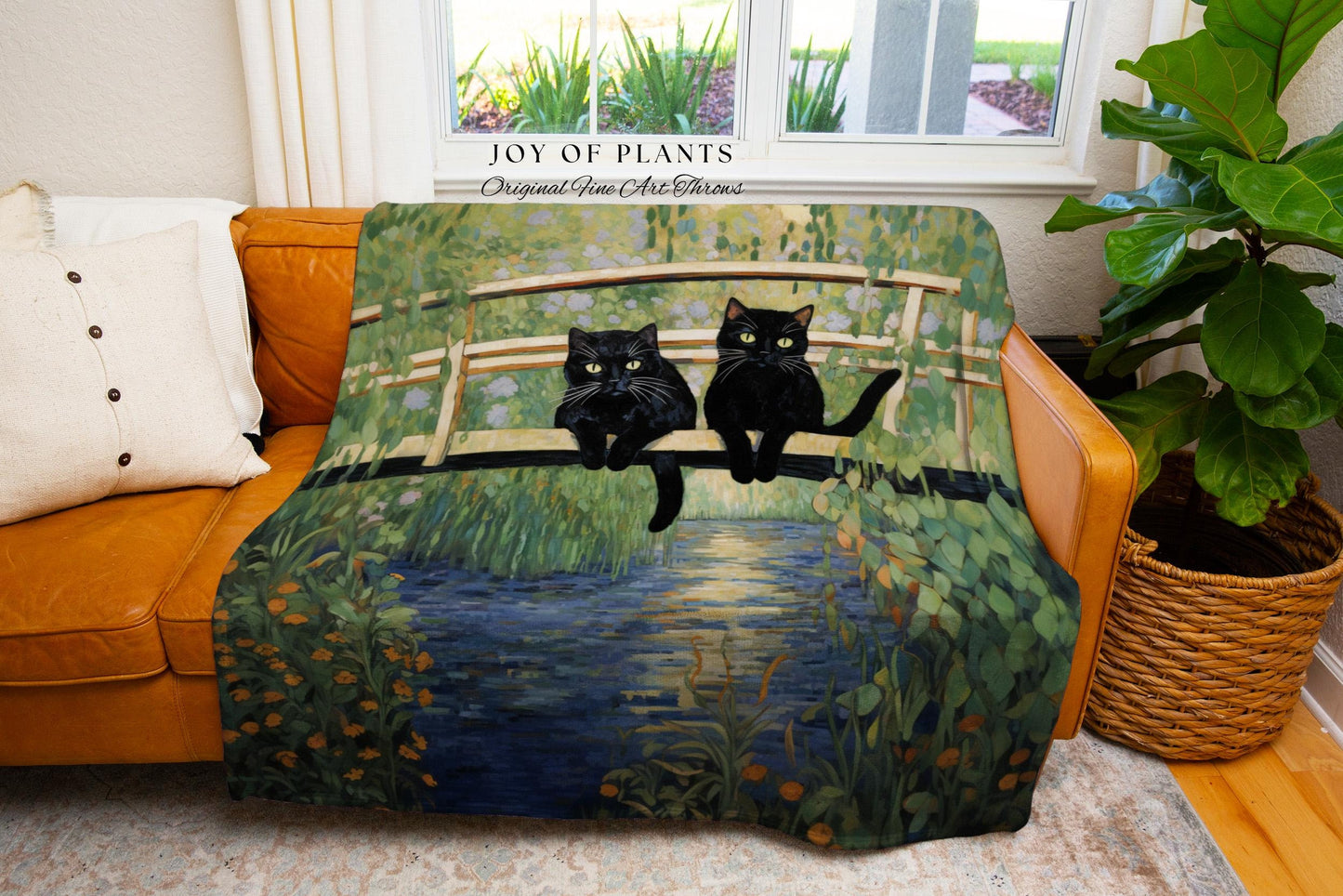 Black Cat Friends Blanket Woven Tapestry Claude Monet Bridge Over a Pond of Water Lilies | Art Tapestry Monet Water Lilies Blanket Cat Gift