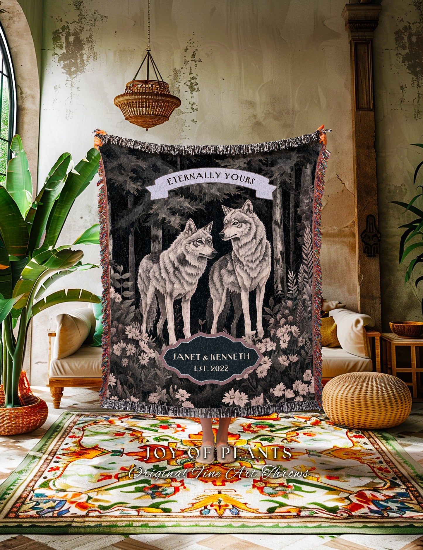 Woodland Wolf Couple Throw Blanket | Gothic Wolf Aesthetic Personalized Woven Tapestry Wedding Unique Gift Idea for Girlfriend Thoughtful |