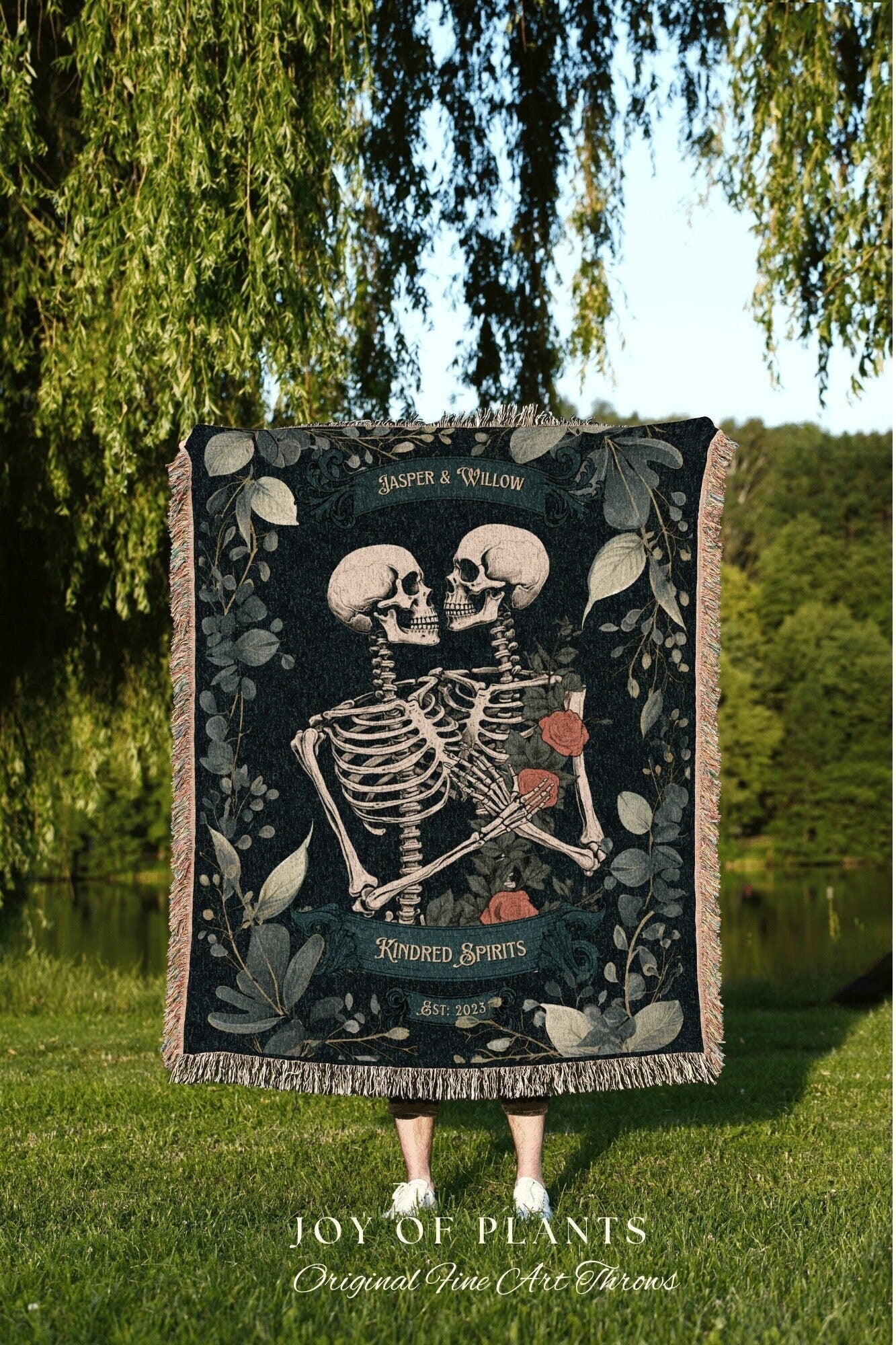 Goth Couple Gift Custom Blanket | Gothic Wedding Custom Blanket Woven Tapestry Skeleton Couple Gift Personalized Anniversary Gift for Goths