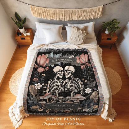 Dark Floral Skeleton Lovers Woven Cotton Throw | Sentimental Anniversary Tapestry Blanket Botanical Skeleton Lover Gift Personalized Couple