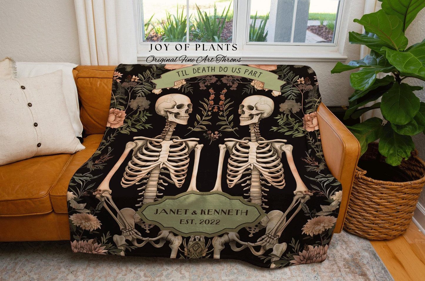 Til Death Do Us Part Botanical Skeleton Blanket | Sentimental Anniversary Gift Ideas Custom Blanket Gothic Gift for Her Personalized Couple