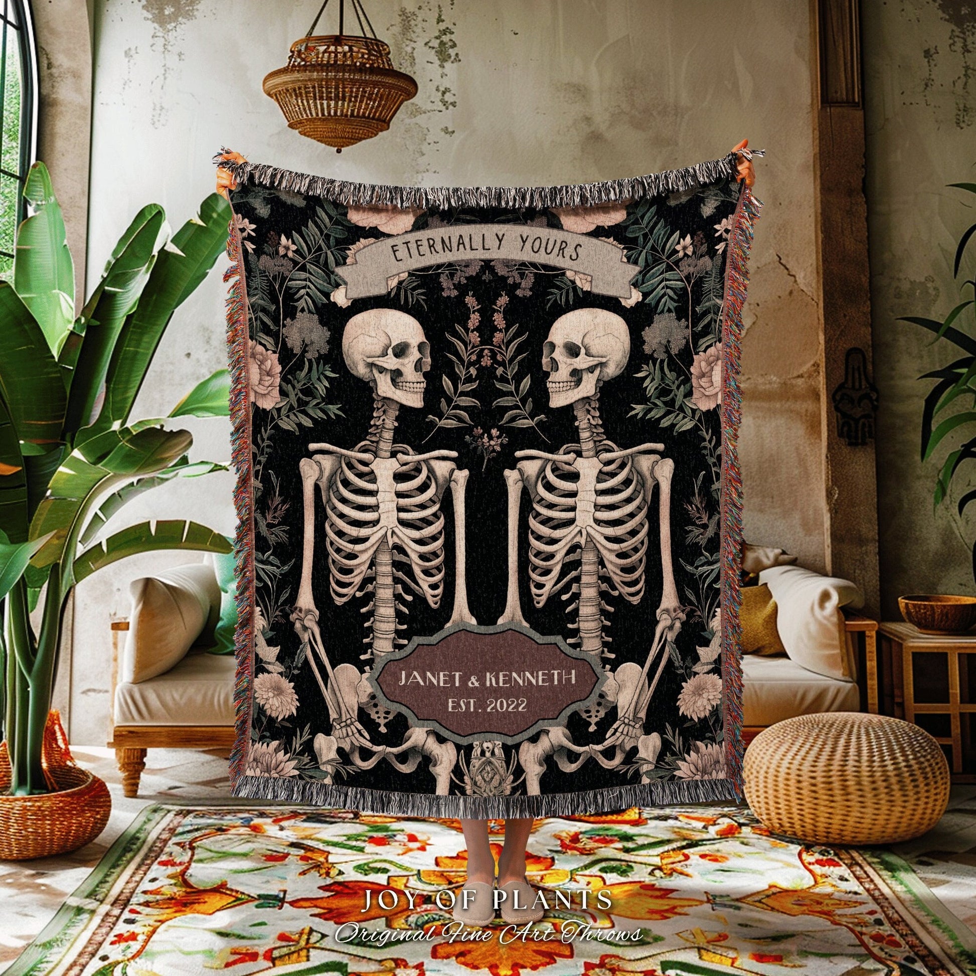 Eternally Yours Skeleton Lover Picnic Blanket | Thoughtful Anniversary Wedding Tapestry Botanical Couple Gift Personalized His & Hers Custom