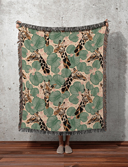 Tropical Giraffe Blanket Woven | Jungle Living Room Decor | Calathe Orbifolia Plant Throw Blanket Maximalist | Safari Room Tapestry Woven |