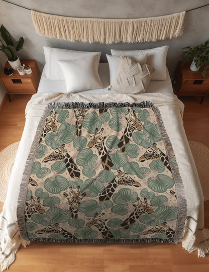 Tropical Giraffe Blanket Woven | Jungle Living Room Decor | Calathe Orbifolia Plant Throw Blanket Maximalist | Safari Room Tapestry Woven |