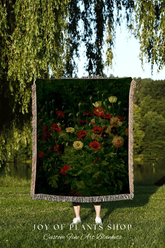 Night Poppies Gothic Floral Woven Blanket | Whimsigoth Decor Poppy Flower Blanket | Renaissance Decor Woven Tapestry Vintage Flower Blanket