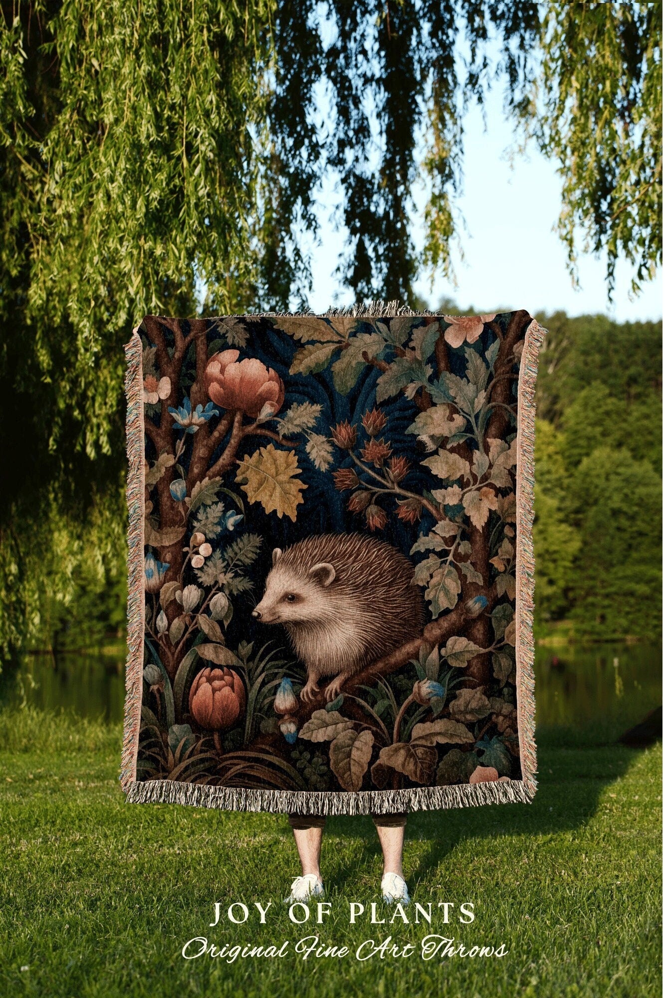 Fairy Core Hedgehog Throw Blanket | William Morris inspired Nature Blanket Woodland Cottagecore Decor Woven Blanket Hedgehog Decor Botanical