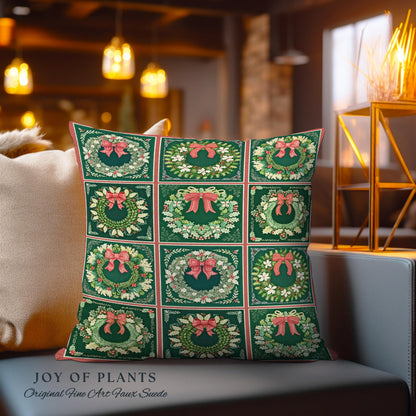 Rustic Green Checkered Pillow Christmas Wreath Woven Farmhouse Holiday Decor, Vintage Aesthetic Woodland Cottagecore Winter Tapestry Cushion