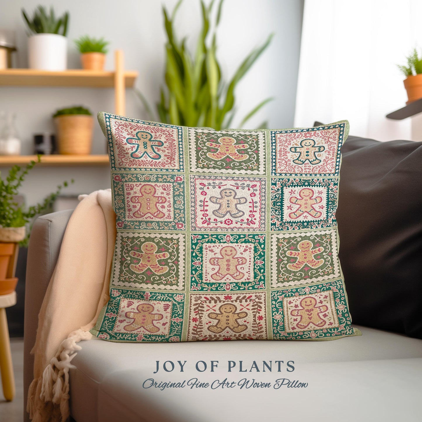 Colorful Scandinavian Gingerbread Pillow Whimsical Boho Cottagecore Decor | Playful Farmhouse Holiday Tapestry Cushion Cozy Retro Christmas