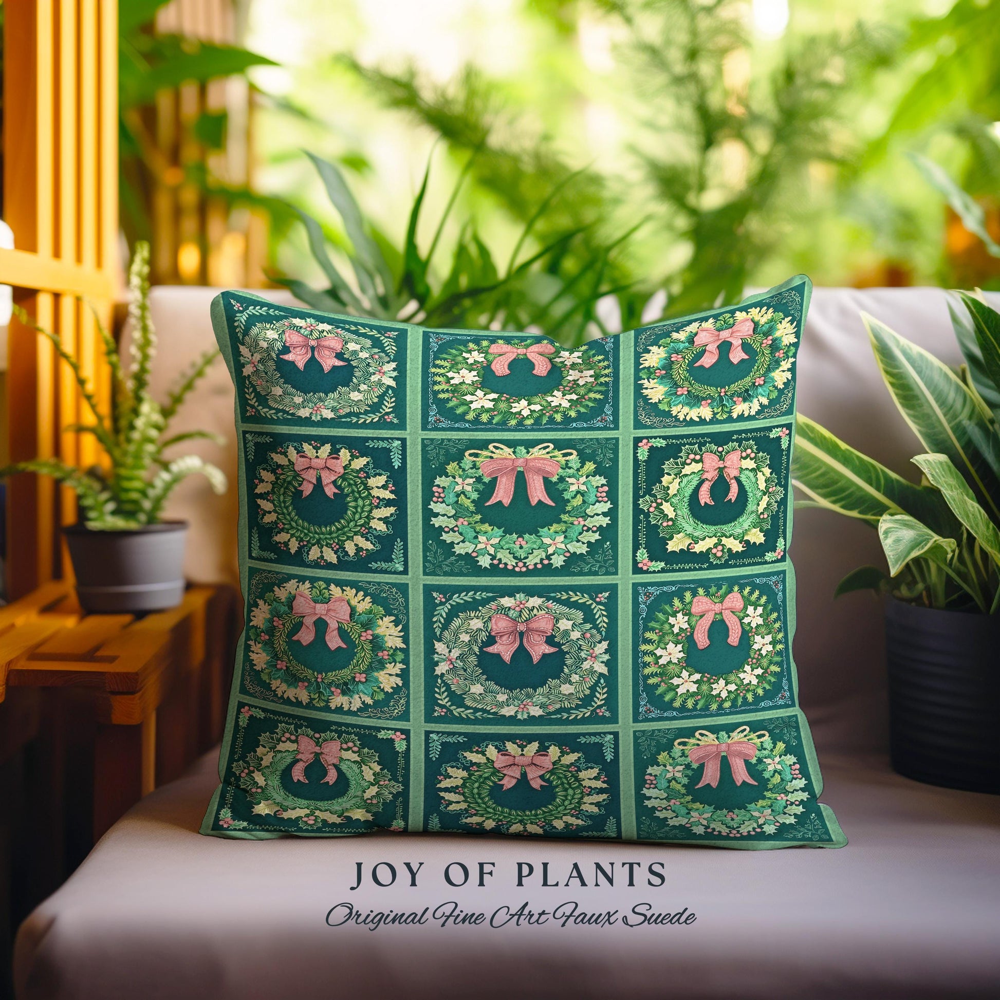 Maximalist Emerald Green Wreath Pillow Modern Retro Holiday Decor | Bold Festive Christmas Tapestry Cushion Eclectic Cozy Mid Century Modern