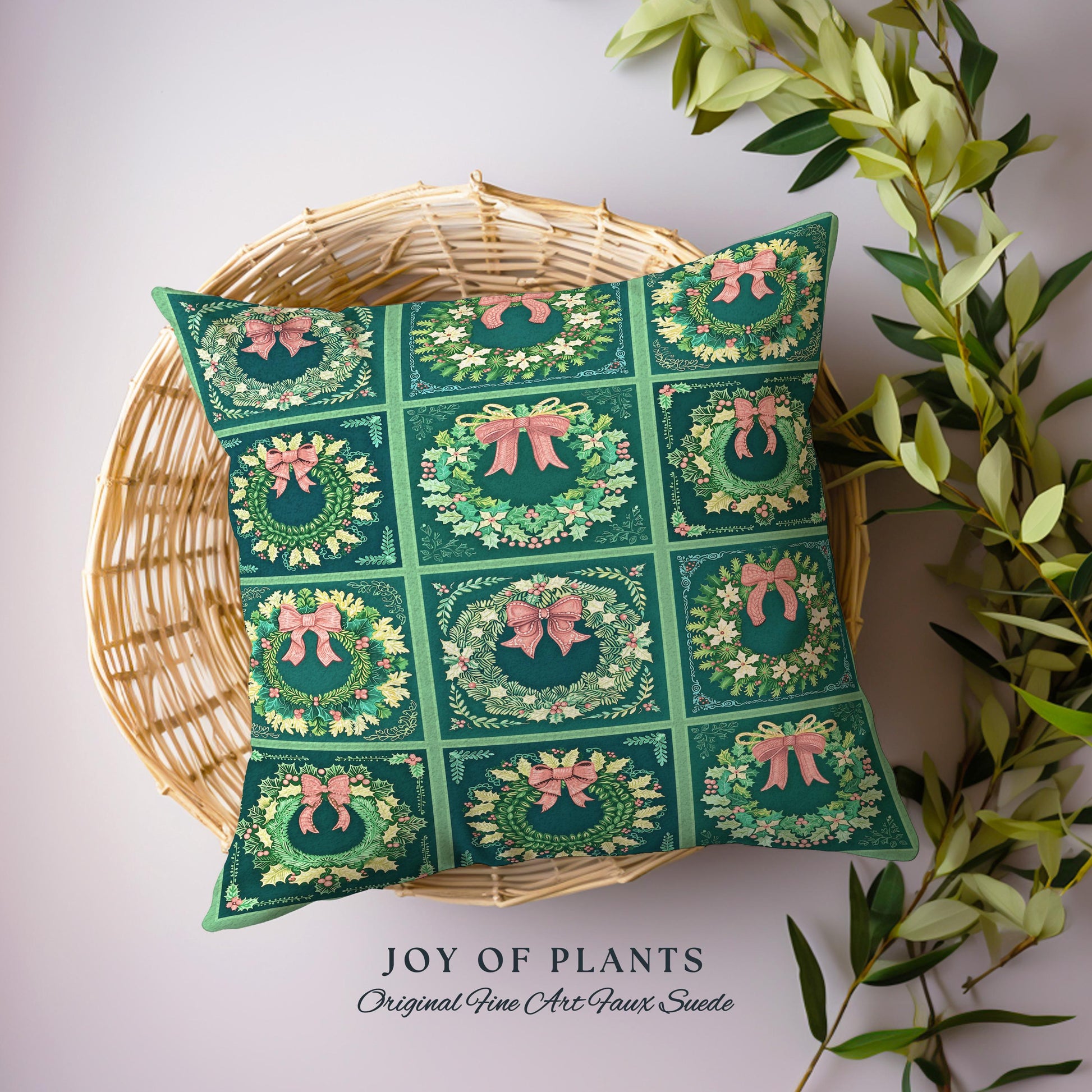 Maximalist Emerald Green Wreath Pillow Modern Retro Holiday Decor | Bold Festive Christmas Tapestry Cushion Eclectic Cozy Mid Century Modern