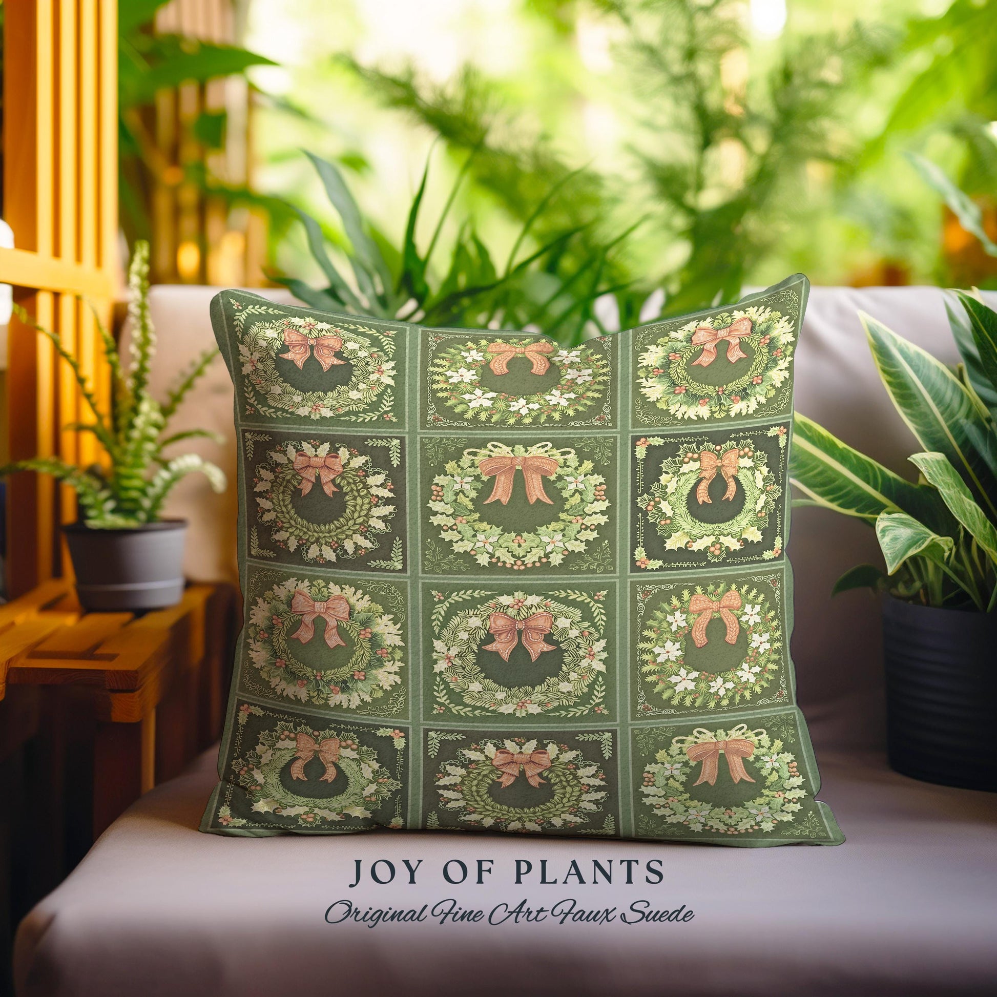 Festive Green Holiday Squares Woven Pillow Rustic Farmhouse Christmas Tapestry Cushion | Vintage Cozy Home Decor Boho Country Cottage X-Mas