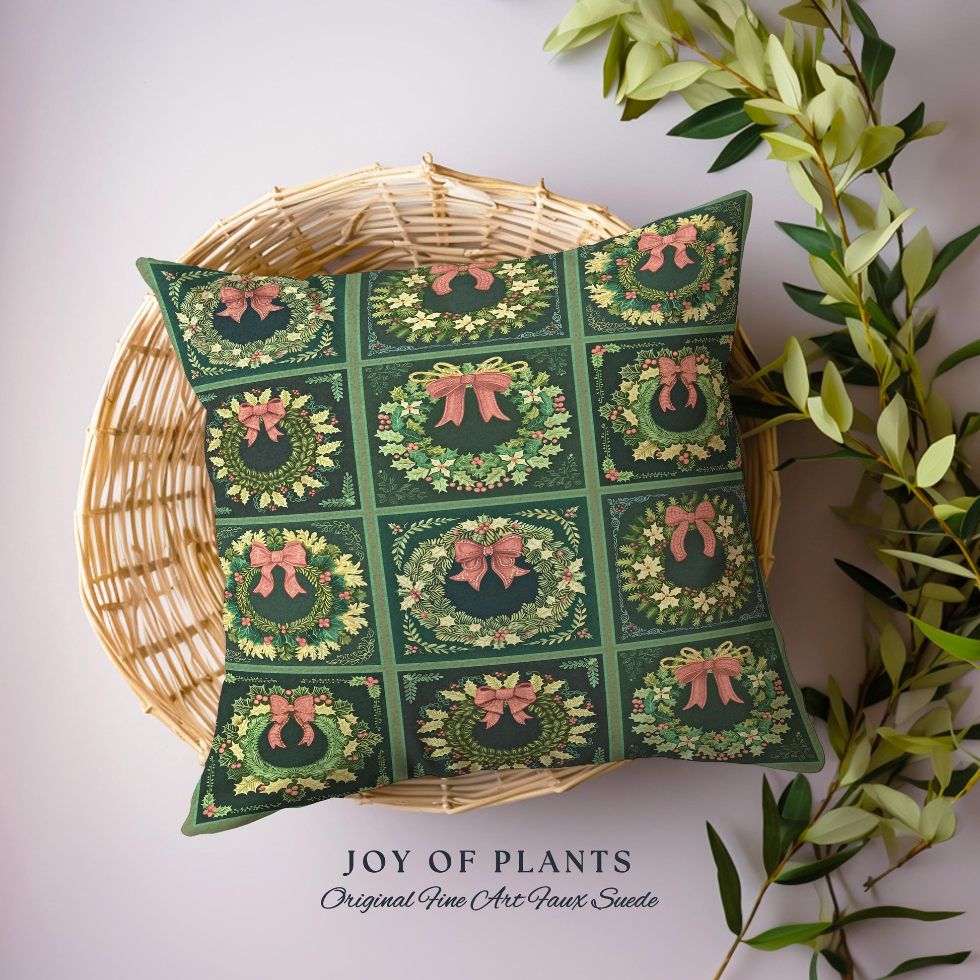 Vintage Christmas Wreath Green Holiday Throw Pillow Rustic Farmhouse Woven Cushion | Cozy Festive Art Decor Boho Cottagecore Aesthetic Gift