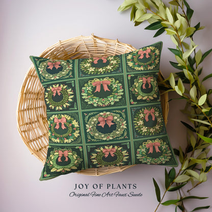 Vintage Christmas Wreath Green Holiday Throw Pillow Rustic Farmhouse Woven Cushion | Cozy Festive Art Decor Boho Cottagecore Aesthetic Gift
