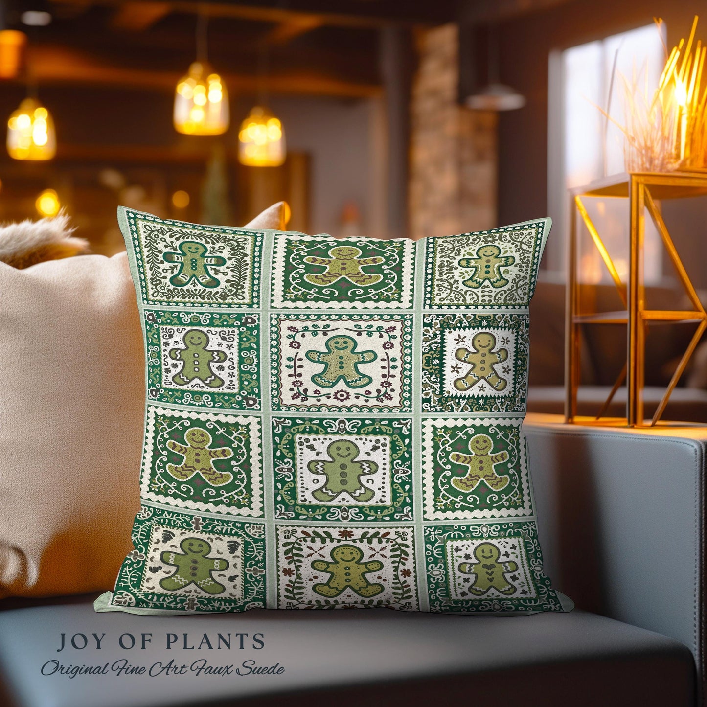 Vintage Folk Art Gingerbread Pillow Retro Forest Green Hygge Holiday Decor | Nordic Cottage Home Scandi Sage Green Festive Tapestry Cushion