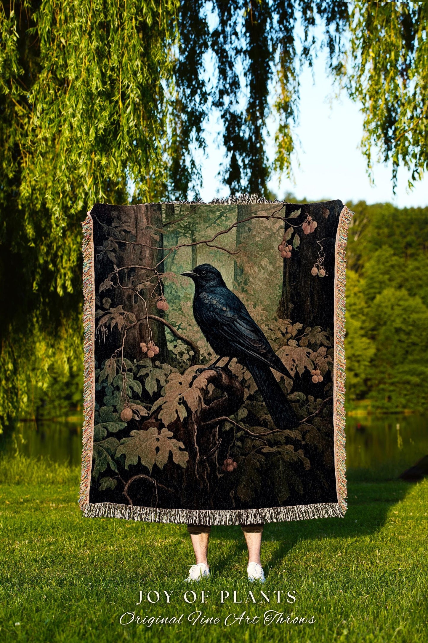 Enchanted Forest Raven Blanket Dark Woodland Gothic Tapestry | Cottagecore Crowcore Woven Throw Mystical Nature Whimsical Whimsigoth Decor