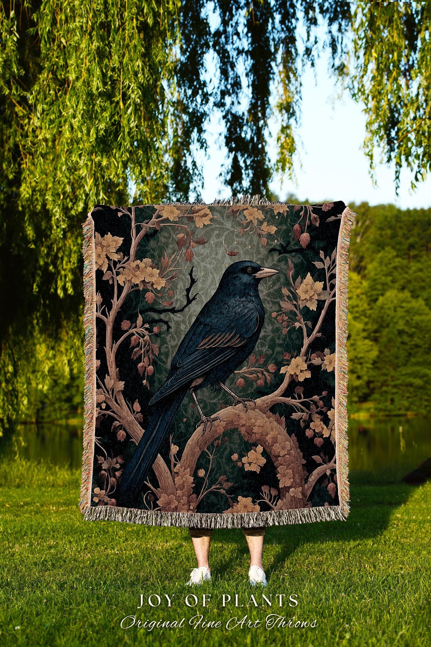 Woodland Raven Woven Blanket Enchanted Forest Decor | Rustic Nature Tapestry Crowcore Cozy Cottagecore Throw Dark Botanical Home Accent Gift