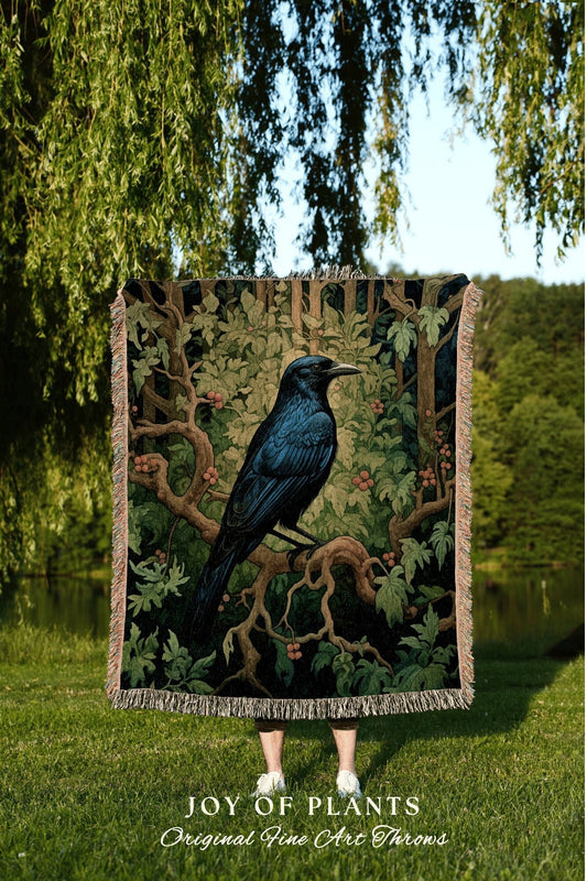 Cozy Crow Throw Blanket | Crowcore Decor William Morris Inspired Boho Bedroom Tapestry Woven Bed Topper Crushed Velvet Cottagecore Style |