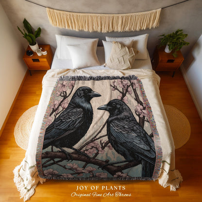 Crowcore Decor Gothic Tapestry Woven Blanket Raven Art | Dark Cottagecore Woodland Aesthetic Crow Blanket Bird Lovers Decor Cottagegoth Gift