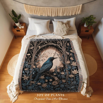 Moonlit Dark Forest Raven Floral Throw Blanket Grunge Fairycore Crowcore Decor Moody Maximalism Crow Moon Cozy Gothic Celestial Cottagecore