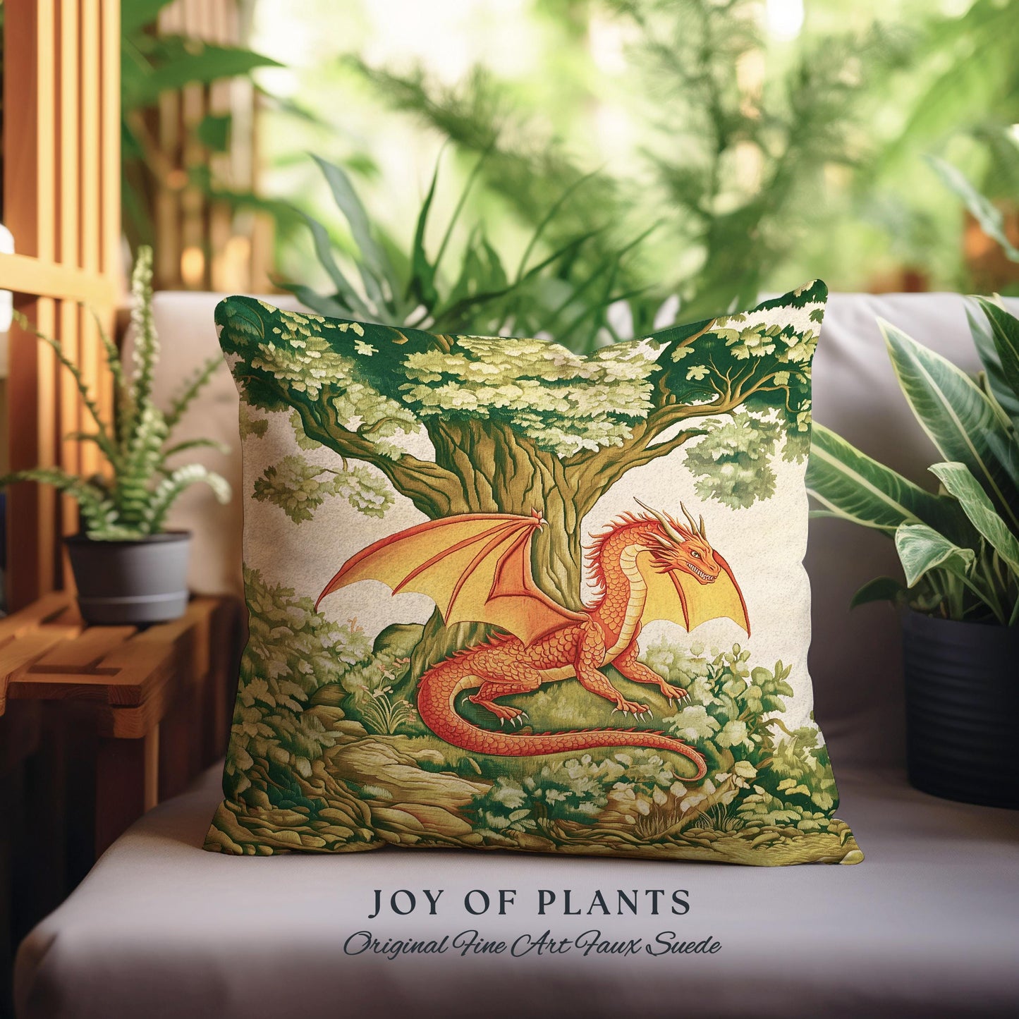 Whimsical Red Dragon Pillow Antique Forest Scene Tapestry Cushion | Light Academia Aesthetic Medieval Inspired Mystical Fantasy Home Decor