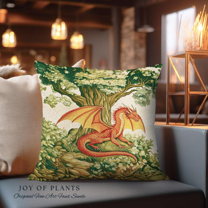 Whimsical Red Dragon Pillow Antique Forest Scene Tapestry Cushion | Light Academia Aesthetic Medieval Inspired Mystical Fantasy Home Decor