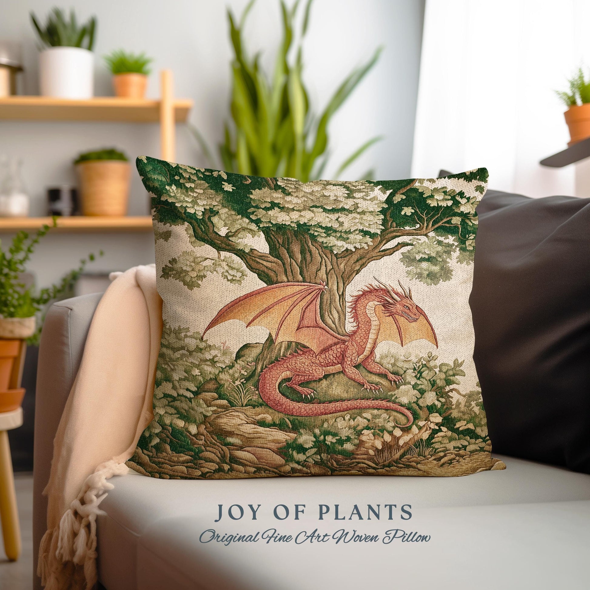 Whimsical Red Dragon Pillow Antique Forest Scene Tapestry Cushion | Light Academia Aesthetic Medieval Inspired Mystical Fantasy Home Decor