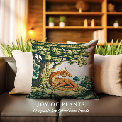 Antique Aesthetic Dragon Pillow Rustic Woodland Decor Tapestry Cushion | Whimsical Fantasy Medieval Art Forestcore Woven Cozy Home Accent