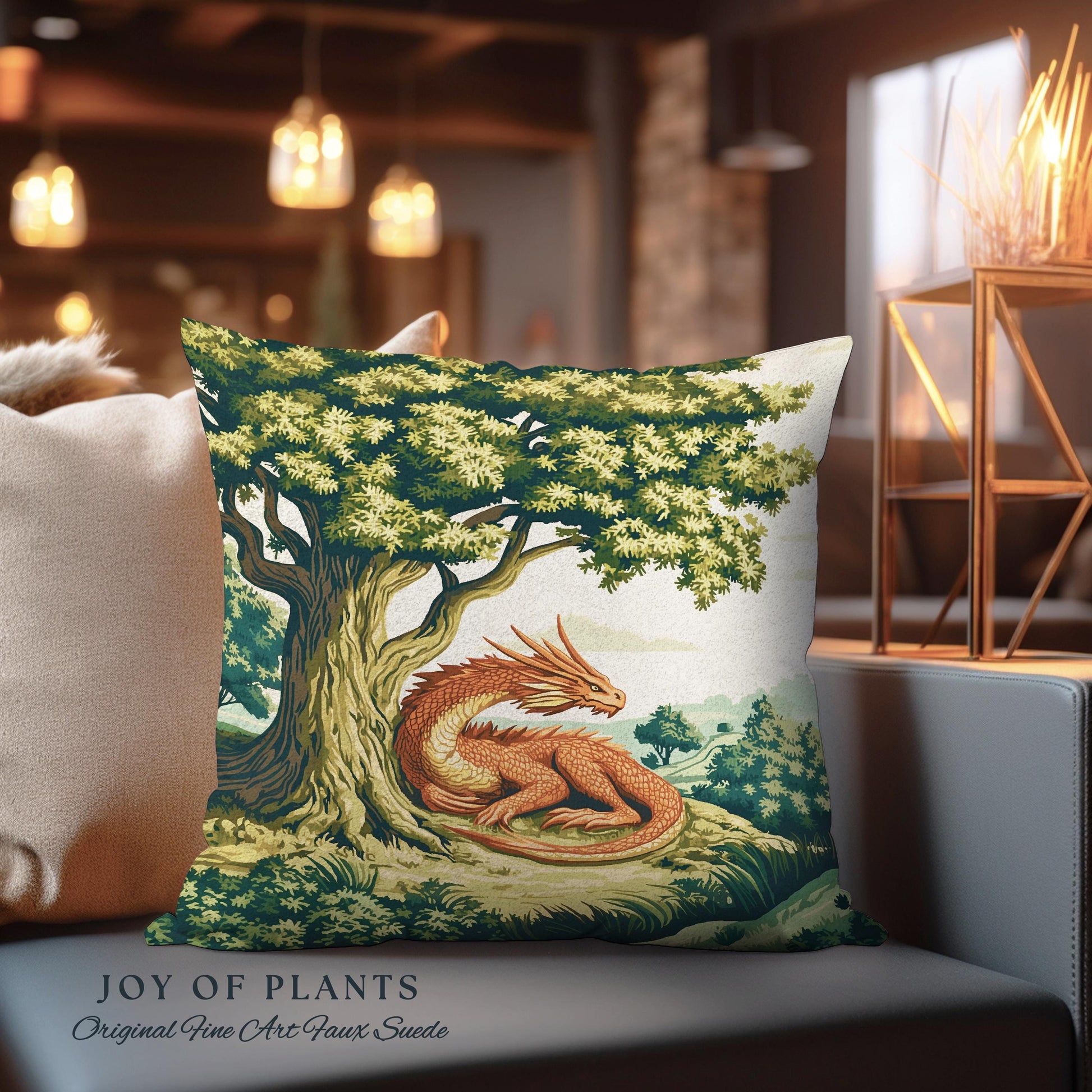 Antique Aesthetic Dragon Pillow Rustic Woodland Decor Tapestry Cushion | Whimsical Fantasy Medieval Art Forestcore Woven Cozy Home Accent