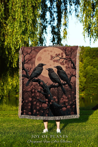 Moonlit Ravens Woven Throw Blanket Dark Woodland Gothic Tapestry | Enchanted Crowcore Whimsigoth Aesthetic Mystical Crow Fall Forestcore Art