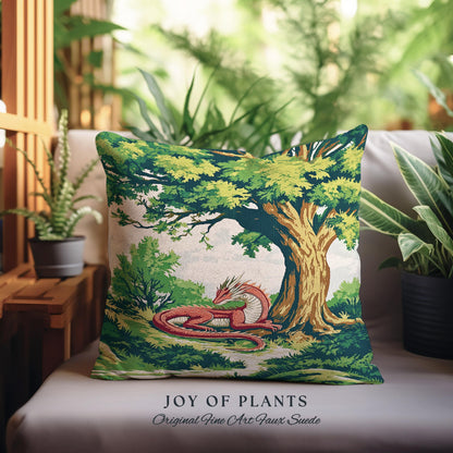 Enchanted Red Dragon Pillow Mystical Forest Scene Tapestry Cushion | Fantasy Medieval Decor Cozy Home Accent Woodland Gothic Light Academia