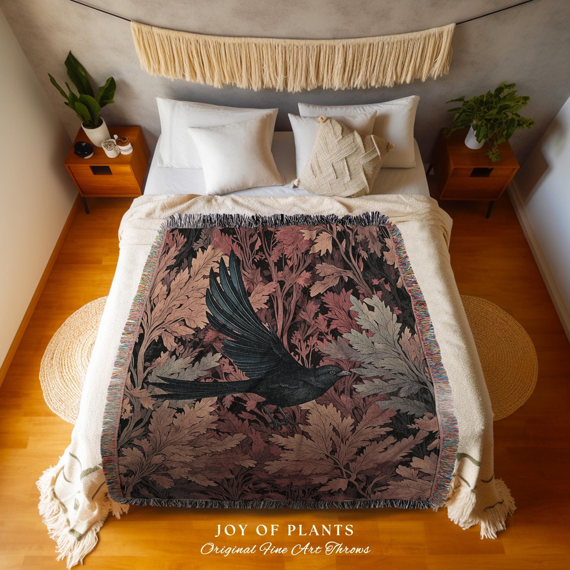 Autumn Raven Throw Blanket Mystic Crowcore Decor | Dark Cottagecore Black Bird Tapestry Gothic Forest Aesthetic Whimsigoth Fall Home Accent