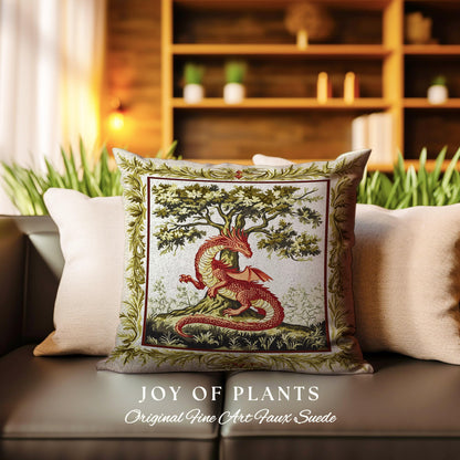 Light Academia Dragon Pillow Whimsical Woodland Goblincore Tapestry Cushion | Magical Mythical Creature Decor Cozy Rustic Whimsigothic Home