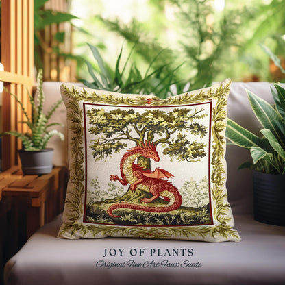 Light Academia Dragon Pillow Whimsical Woodland Goblincore Tapestry Cushion | Magical Mythical Creature Decor Cozy Rustic Whimsigothic Home