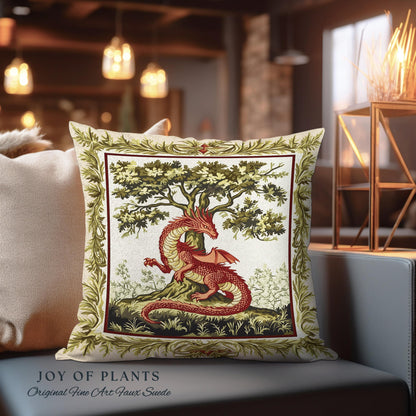 Light Academia Dragon Pillow Whimsical Woodland Goblincore Tapestry Cushion | Magical Mythical Creature Decor Cozy Rustic Whimsigothic Home